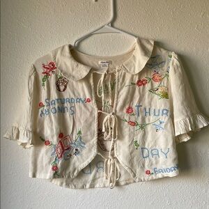 Kimchi Blue White Days of the Week Embroidered Blouse Tie Up Blouse